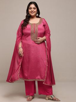 Extra love by Libas - Plus Size Pink Bandhani Zari Embellished Kurta With Pant & Dupatta
