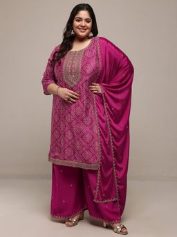Extra love by Libas - Plus Size Pink Bandhani Zari Embellished Kurta With Palazzo & Dupatta