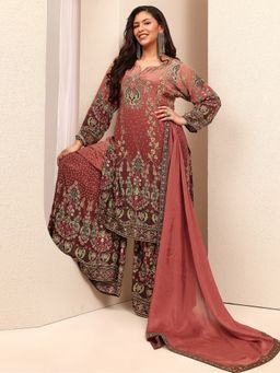 Extra love by Libas - Plus Size Brown Embellished Kurta With Palazzo & Dupatta
