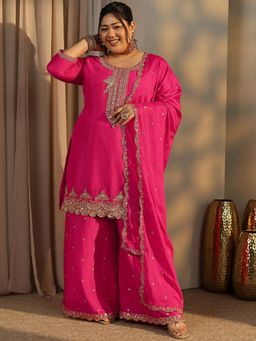 Extra love by Libas - Plus Size Pink Zari Embroidered Short Kurta With Palazzo & Dupatta