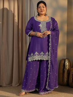 Extra love by Libas - Plus Size Purple Zari Embroidered Short Kurta With Palazzo & Dupatta