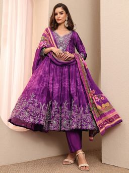 Libas Art - Purple Anarkali Embroidered Printed Kurta With Pant & Dupatta