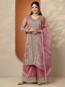 Libas Art - Pink Paisley Zari Embroidered Multiple Slit Kurta With Palazzo & Dupatta