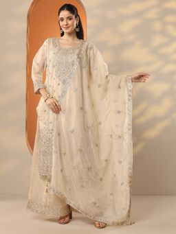 Libas Art - Cream Ethnic Motif Zari Embroidered Kurta With Sharara & Dupatta