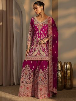Libas Art - Pink Paisley Embroidered Short Kurti With Sharara & Dupatta