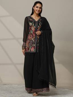 Libas Art - Black Floral Embroidered Short Tunic With Palazzo & Dupatta