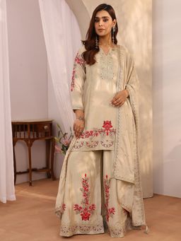 Libas Art - Beige Floral Embroidered Short Kurti With Palazzo & Dupatta