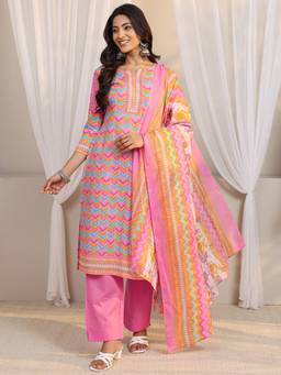 Gerua By Libas - Pink Chevron Printed Straight Kurta With Pant & Dupatta
