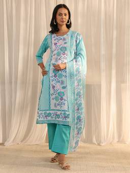 Gerua By Libas - Blue Floral Printed Straight Kurta With Pant & Dupatta