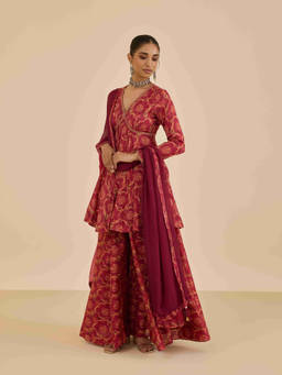 Ritu Kumar - Rust Floral Print Kurti with Sharara and Dupatta