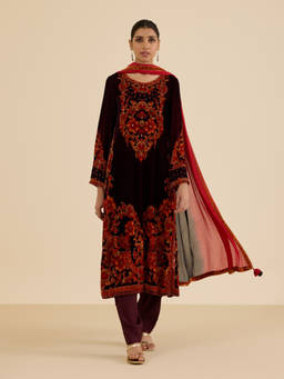 Ritu Kumar - Black Floral Print Kurta with Pant and Dupatta