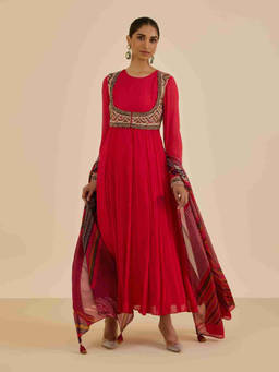 Ritu Kumar - Red Anarkali Kurta with Legging and Dupatta