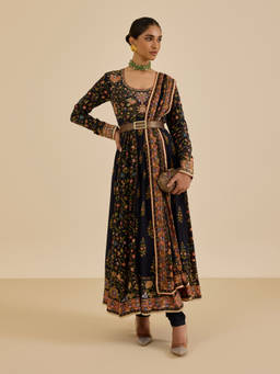Ritu Kumar - Black Pintado Anarkali Kurta with Churidar and Dupatta