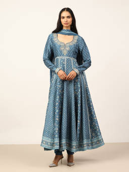 Ritu Kumar - Teal Blue Floral Garden Anarkali Kurta with Churidar and Dupatta
