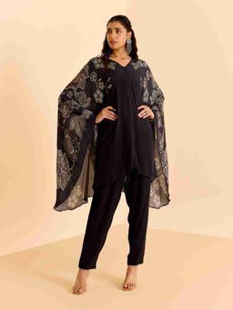 Ritu Kumar - Black Floral Print Kurta with Pant and Camisole