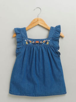 SWEETLIME BY AS - Flutter Sleeves Floral Embroidery Denim Organic Top - Blue