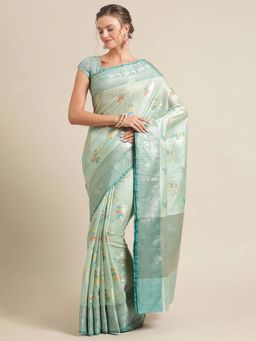 Banarasi Silk Works - Mulberry Woven Saree Green with Unstitched Blouse