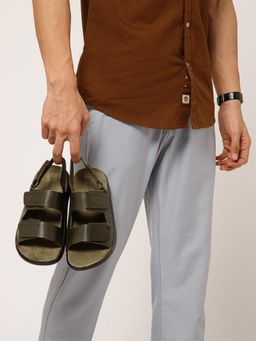 NoStrain - Men Olive Green Back Strap Leather Sandals with High Arch Support