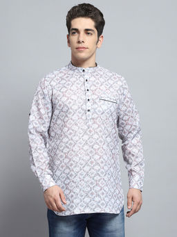 Monte Carlo - Men Grey Printed Mandarin Neck Full Sleeve Kurta