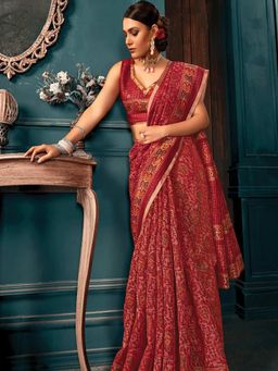 Odette - Womens Red Cotton Printed Saree with Unstitched Blouse