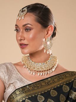 Yellow Chimes - Gold-Plated Gold Toned Kundan Studded and Pearl Beaded Choker Jewellery set of 3