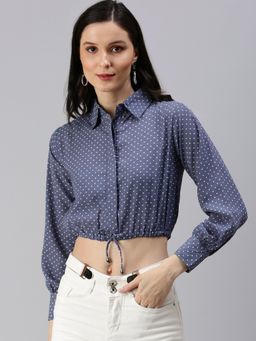 SHOWOFF - Women's Polka Dots Cinched Waist Grey Shirt Collar Crop Top
