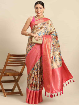 Silk Land - Women Kalamkari Printed Soft Silk Saree with Unstitched Blouse - Beige