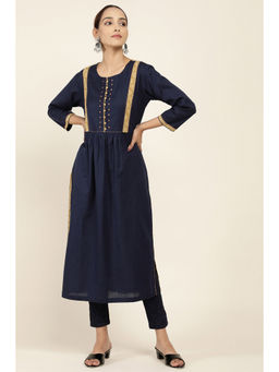 Soch - Navy Blue Cotton Flared Solid Kurta