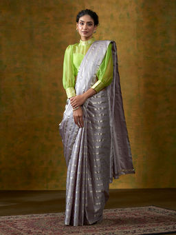 WeaverStory - Grey Handloom Pure Satin Silk Saree with Silver Zari Stripes