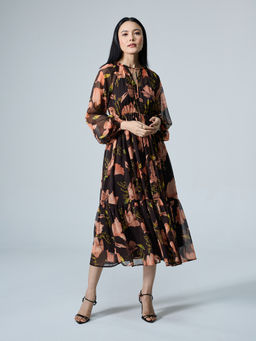 Twenty Dresses by Nykaa Fashion - Multicolor Floral Tie Up Neck Full Sleeves Tiered Midi Dress
