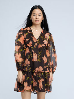 Twenty Dresses by Nykaa Fashion - Multicolor Floral V Neck Full Sleeves Tiered Mini Dress