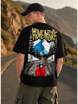 HAZUKU - Black Oversized Adventure Graphic Motorcycle Mountain Print T-shirt