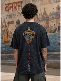 HAZUKU - Oversized Black Acid Wash Hanuman Gada Cotton Graphic T-shirt