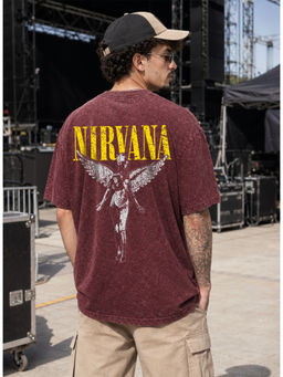 HAZUKU - Maroon Acid Wash Oversized Graphic Printed Round Neck T-shirt