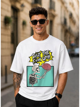 HAZUKU - White Oversized Graphic Printed Cotton Round Neck T-shirt