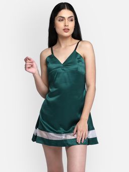 Smarty Pants - Women Silk Satin Bottle Green Color Sheer White Cut Out Baby Doll