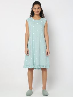 Smarty Pants - Women Cotton Olive Color Heart Print Sleeveless Night Dress