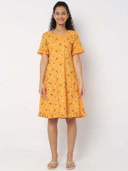 Smarty Pants - Women Cotton Mustard Color Floral Print Night Dress