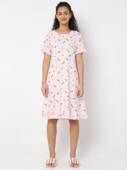 Smarty Pants - Women Cotton Rose Pink Color Floral Print Night Dress