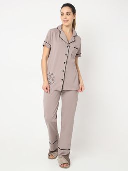 Smarty Pants - Women Cotton Chocolate Color Elephant Print Button Down Night Suit (Set of 2)