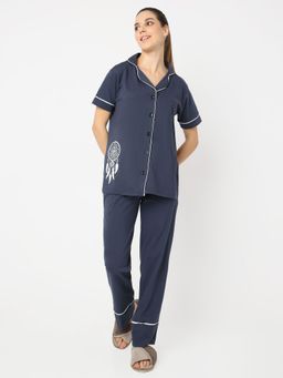 Smarty Pants - Women Cotton Blue Color Dream Catcher Print Button Down Night Suit (Set of 2)