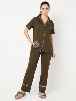 Smarty Pants - Women Cotton Lycra Olive Color Geometric Print Button Down Night Suit (Set of 2)