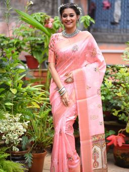 Odette - Pink Tussar Silk Blend Saree with Unstitched Blouse