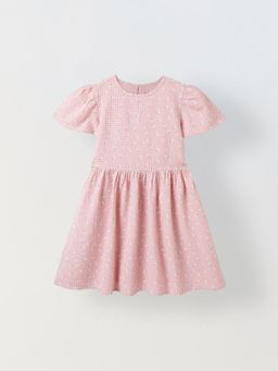 Spunkies - Girls Pink Seersucker 100% Cotton Puff Sleeve Dress