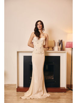 Old Marigold - Women Linen Beige Embellished Top with Skirt