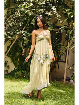 Old Marigold - Women Chiffon Green Embellished/Sequined Top with Skirt
