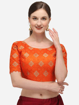 Amrutam Fab - Womens Jacquard Orange Stiched Blouse With Round Neck