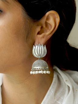 Teejh - Sadika Lotus Silver Oxidised Earrings for Women
