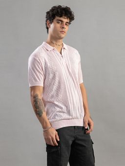 Club York - Men Pink Textured Polo T-shirt