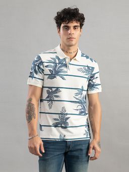 Club York - Men Off White Floral Printed Polo T-shirt